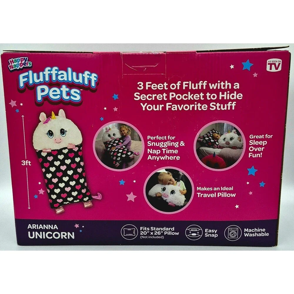 NEW Happy Nappers Fluffaluff Pets Arianna Unicorn 3ft Play Pillow Secret Pocket